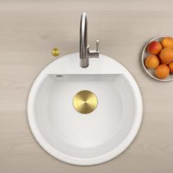 GraniteMy Bremen lavabo rotondo in granito 43 cm bianco, da appoggio e sottotop, con foro per rubinetto e tappo automatico dorato 1208971848