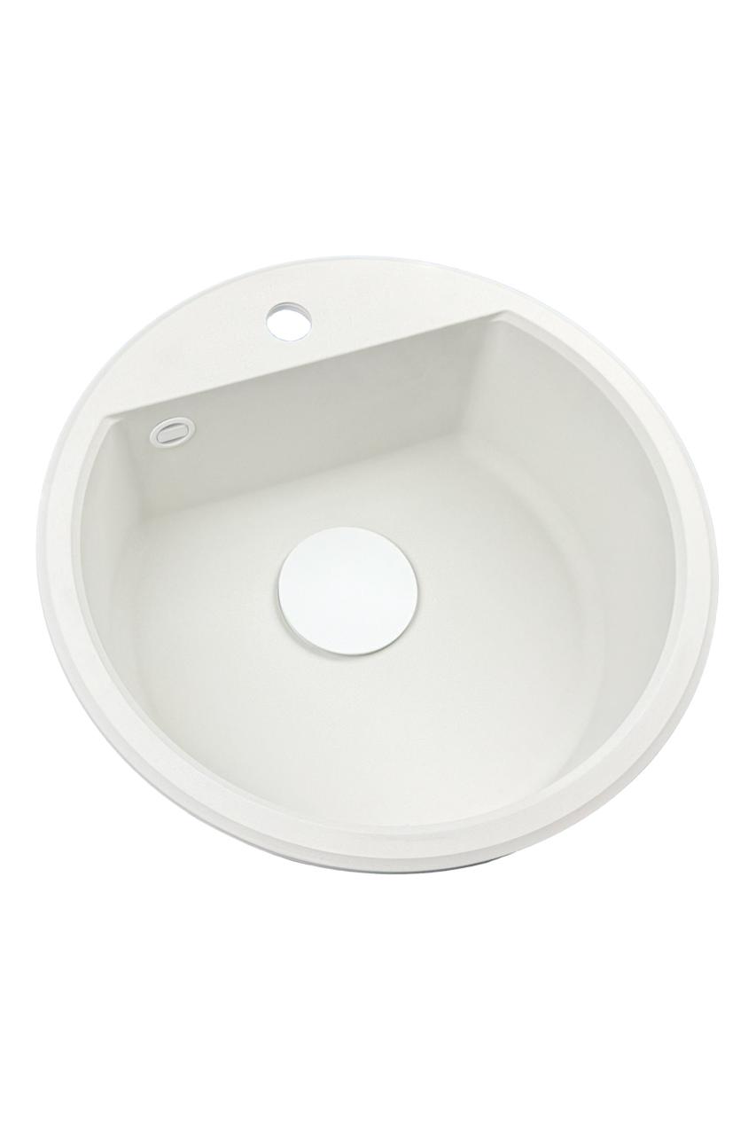 GraniteMy Bremen lavabo rotondo in granito 43 cm bianco, da appoggio e sottotop, con foro per rubinetto e tappo automatico bianco 1208971850