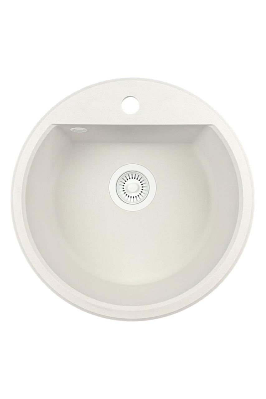GraniteMy Bremen lavabo rotondo in granito 43 cm bianco, da appoggio e sottotop, con foro per rubinetto e tappo automatico bianco 1208971850