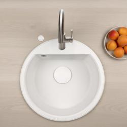 GraniteMy Bremen lavabo rotondo in granito 43 cm bianco, da appoggio e sottotop, con foro per rubinetto e tappo automatico bianco 1208971850