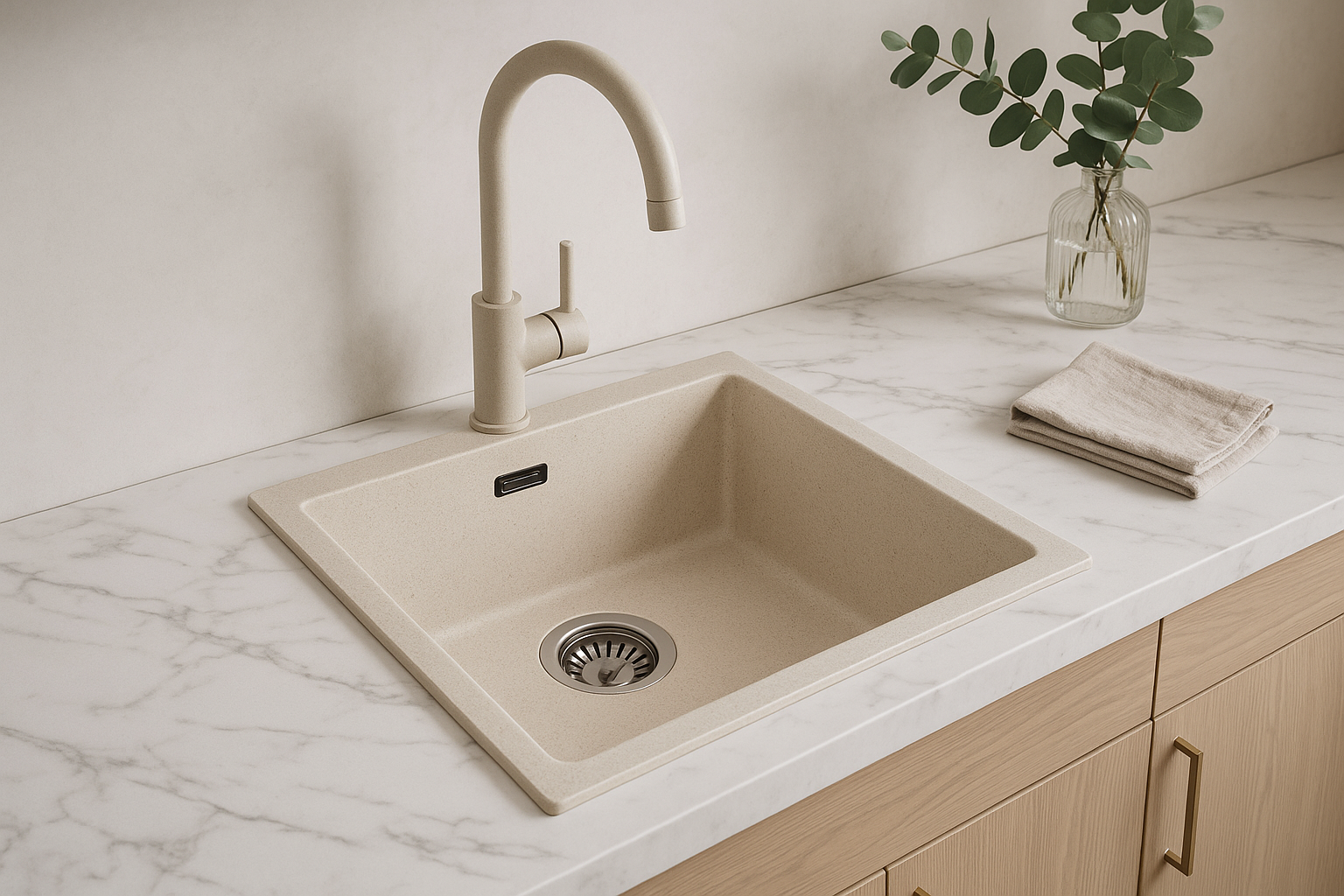 Ausmann Fibre lavello in sabbia bianca 40x40cm da incasso, sopraelevato e a filo con tappo automatico in acciaio inossidabile 1208971925