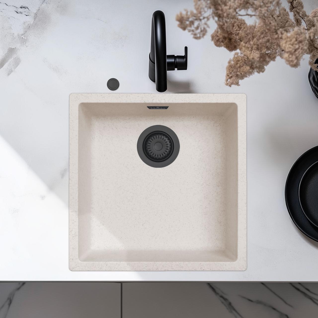 Ausmann Fibre lavabo in sabbia bianca 40x40cm da incasso, da appoggio e da installazione a filo con tappo automatico nero 1208971926
