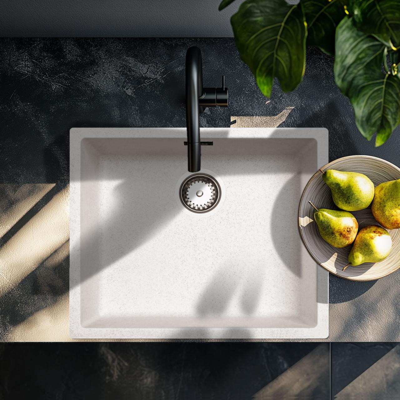 Ausmann Fibre lavello in sabbia bianca 50x40cm da incasso, sopra il piano e installazione a filo con tappo automatico in acciaio inossidabile 1208971930