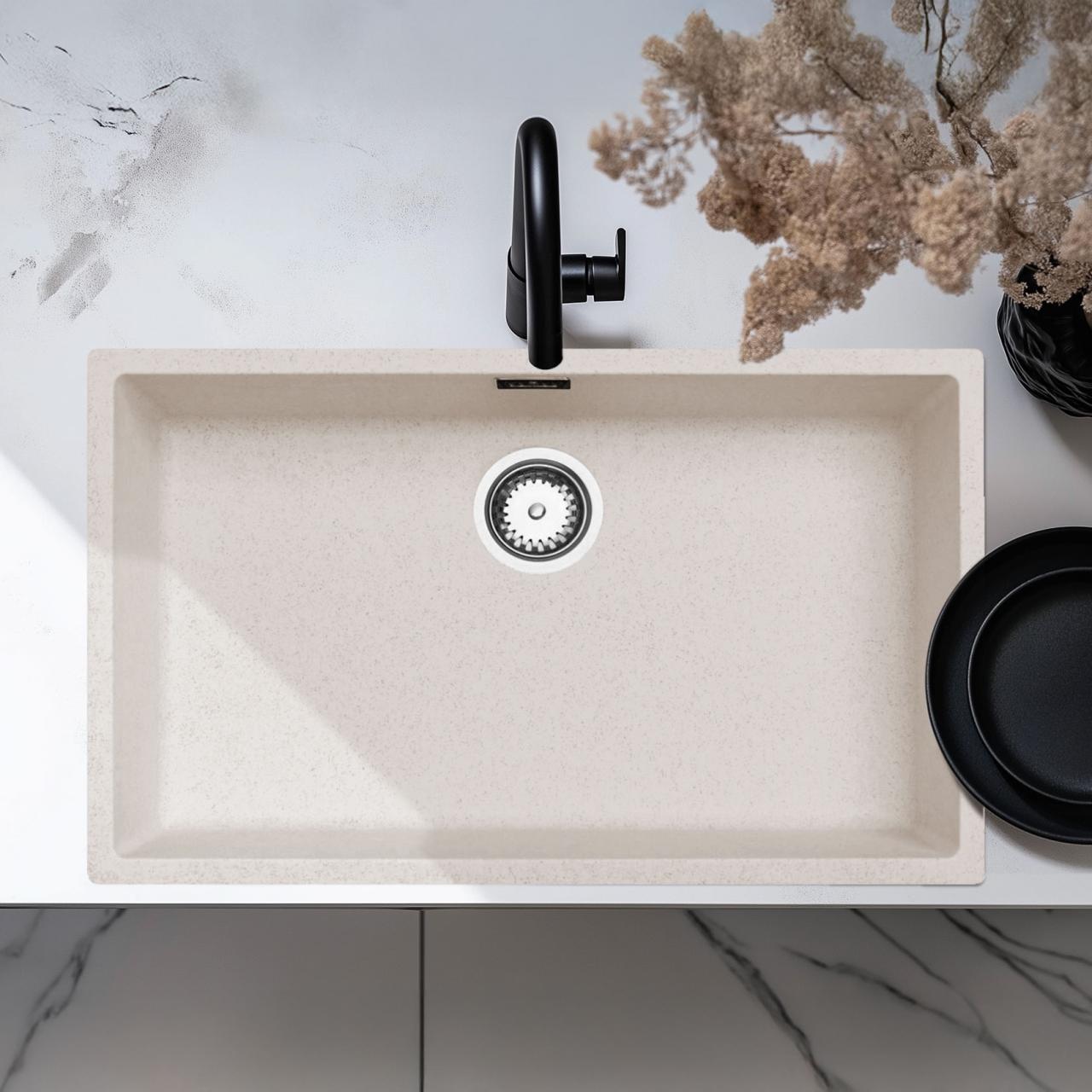 Ausmann Fibre sabbia bianca grande lavello 70x40cm da incasso, sopraelevato e a filo con tappo automatico in acciaio inossidabile 1208971935