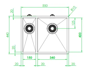 ABK Baronga lavello uno e mezzo 1,5 in acciaio inossidabile 15x40+34x40cm Sottopiano BAR1534F